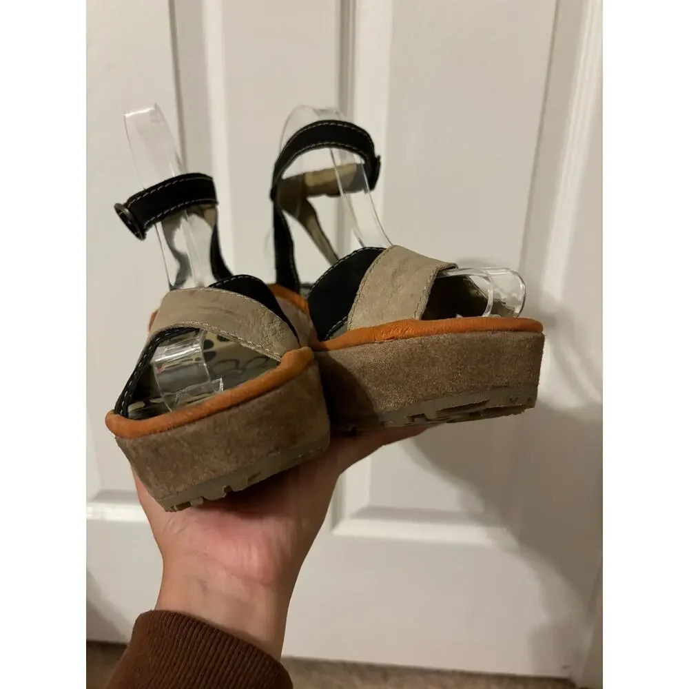 Fly London Pati tan black suede leather wedge platform sandal sz 7-7.5 - Picture 5 of 14